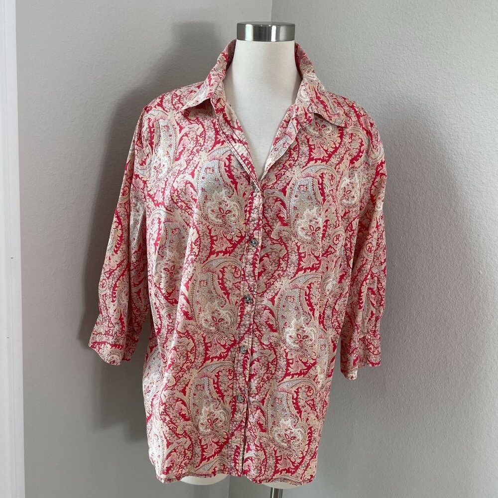Chaps Womens Plus 2X Button Up Paisley Shirt 3/4 Sleeve Cotton Blouse Top